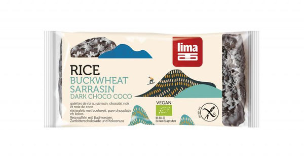 Bolachas de arroz e trigo sarraceno com chocolate preto e coco Bio 90g - Lima SEM GLÚTEN